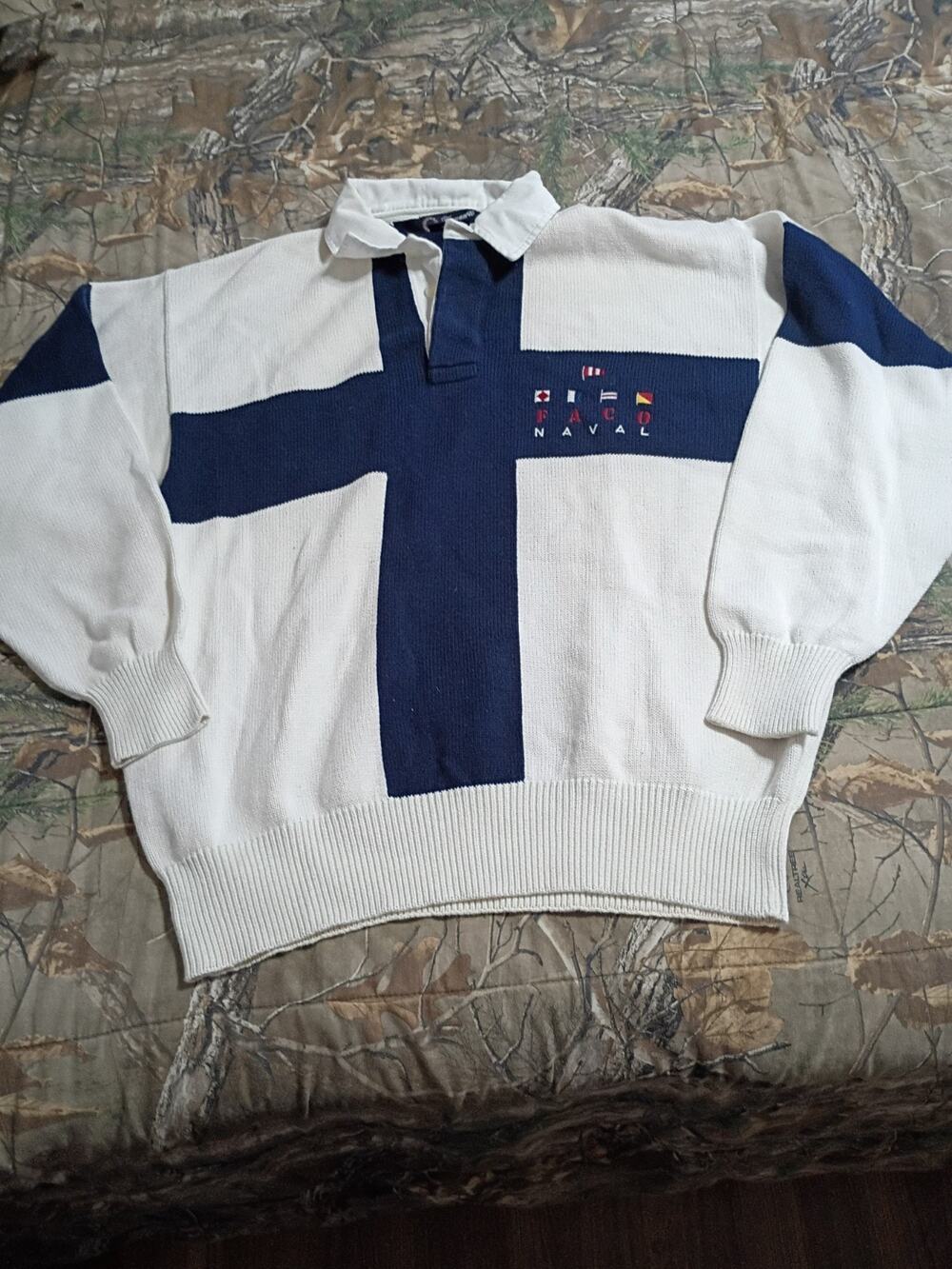 Vtg Façonnable Naval Knit Sweater Men's Xlarge White Navy Blue Yachting Flags